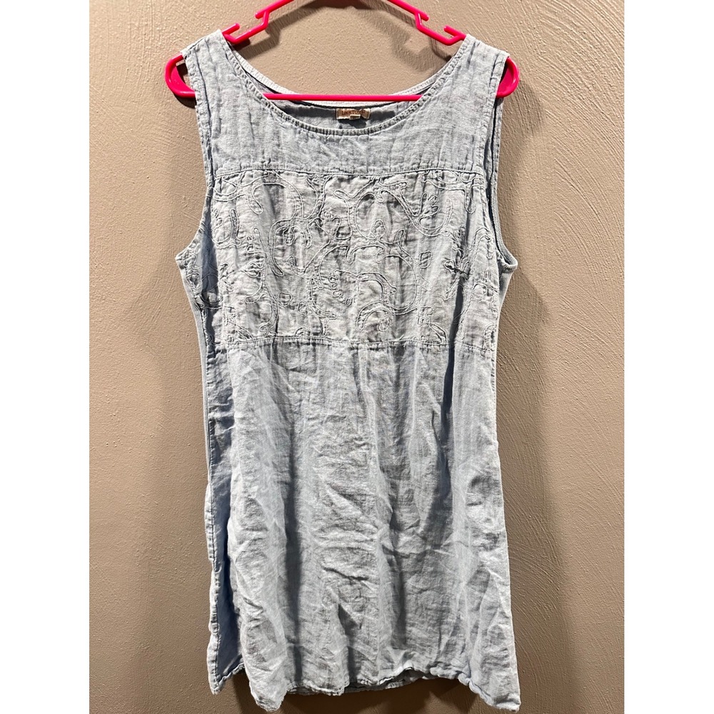 Lina Tomei Italy Blue Linen Embroidered Sleeveless Shift Dress XL